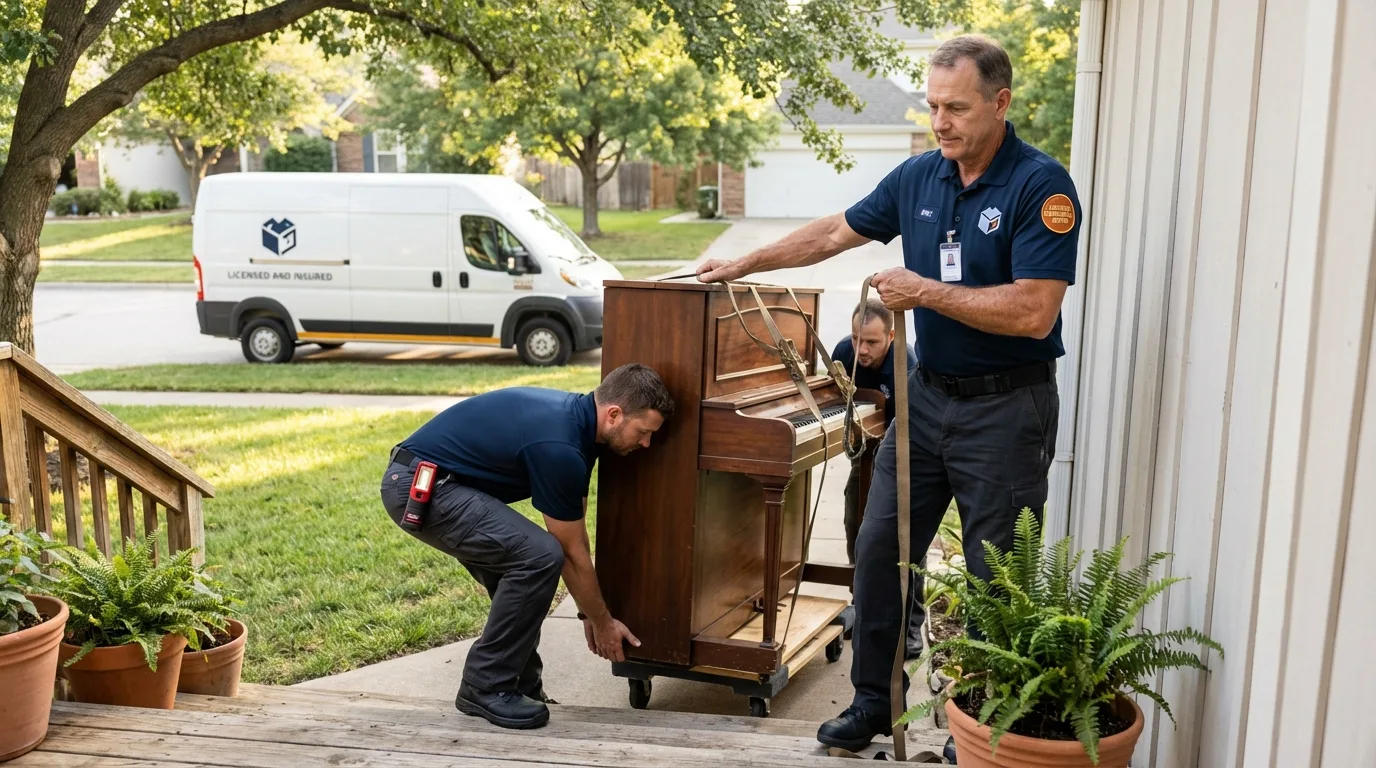 Licensed piano movers securing grand piano in Sanborn, IA