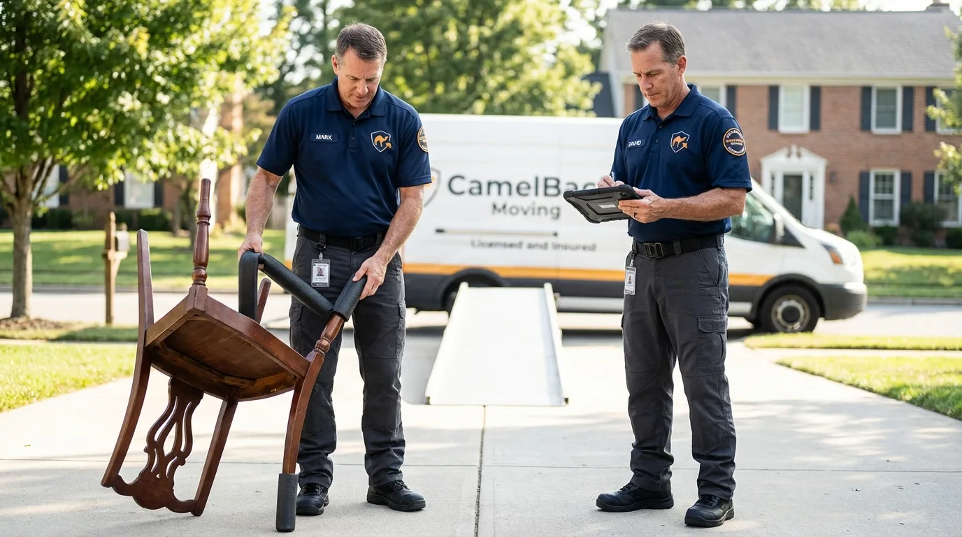 Movers inspecting furniture for damage prevention before loading in Sanborn, IA