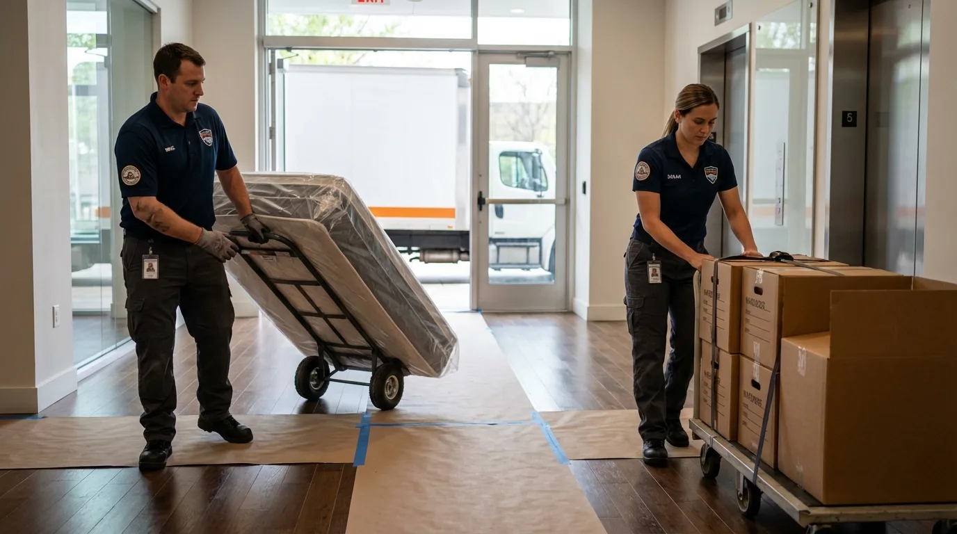 Professional apartment movers loading elevator in Sanborn, IA